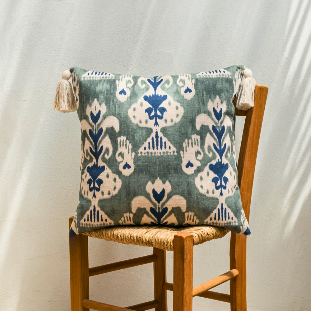 Almofada Linho 52X52 Ikat Verde Tassel