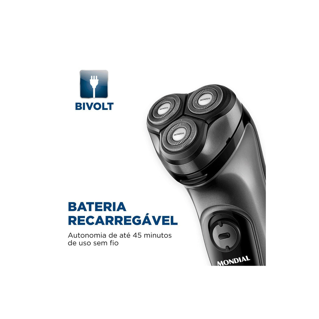 Barbeador Aparador Mondial BE-02 Bivolt Elétrico de Barba Portátil 3 Lâminas