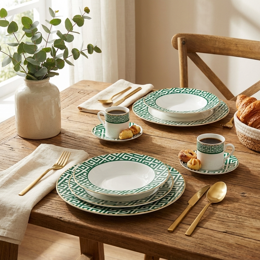 Aparelho de Jantar Grecco 42 Pçs Porcelana Verde com Filete Dourado  L'Hermitage