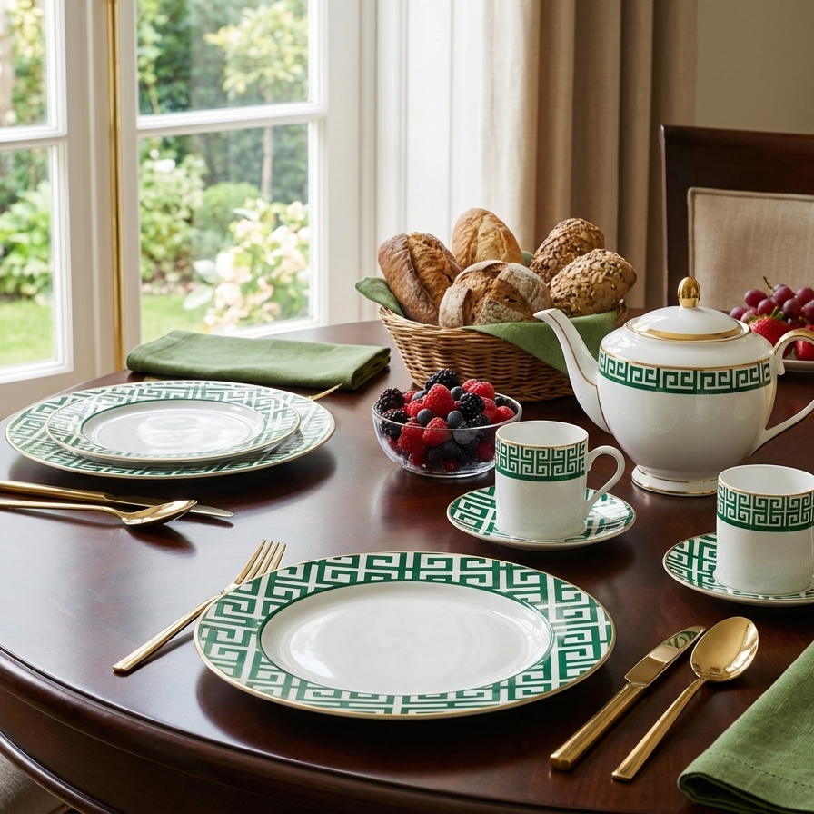 Aparelho de Jantar Grecco 42 Pçs Porcelana Verde com Filete Dourado  L'Hermitage
