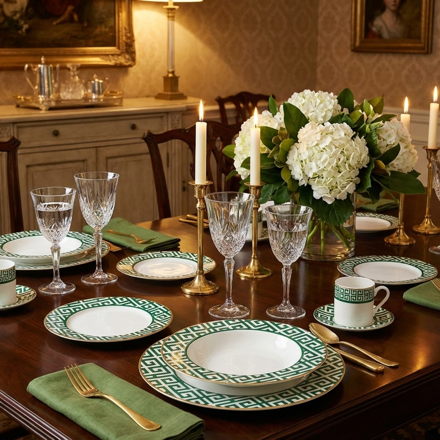Aparelho de Jantar Grecco 42 Pçs Porcelana Verde com Filete Dourado  L'Hermitage