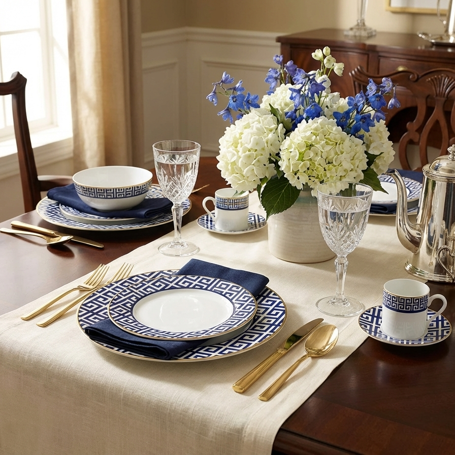 Aparelho de Jantar Grecco 42 Pçs Porcelana Azul com Filete Dourado  L'Hermitage